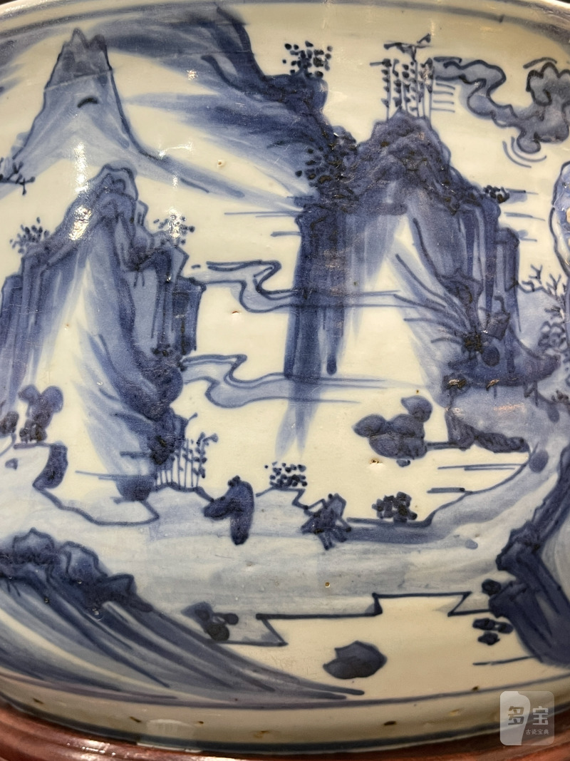 明天启 青花山水人物图铺首大炉 - 图11